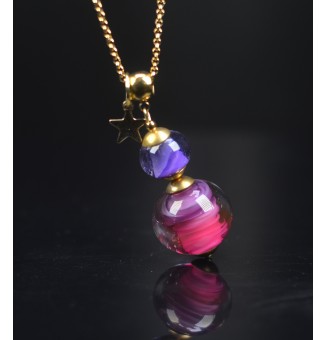Collier long en perles de verre filé – Dégradé rose, violine et violet – 75 cm – Acier inoxydable doré