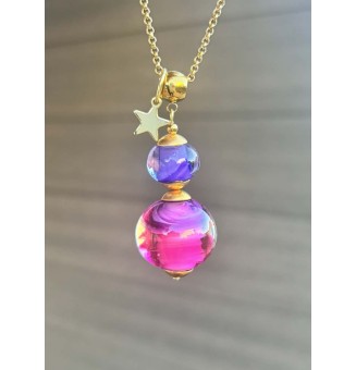 Collier long en perles de verre filé – Dégradé rose, violine et violet – 75 cm – Acier inoxydable doré