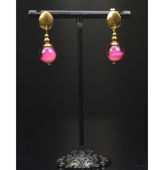 Boucles d’oreilles en verre filé rose et violine – Acier inoxydable doré