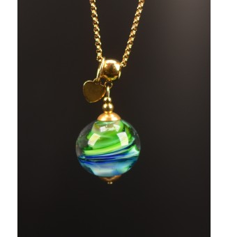 Collier long en verre filé bleu et vert – Acier inoxydable doré – 72 cm