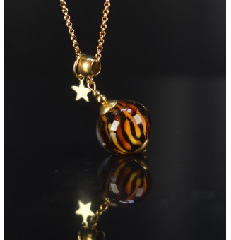 Collier long doré & perle de verre motif léopard – création artisanale