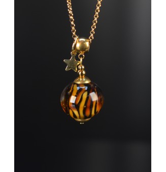 Collier long doré & perle de verre motif léopard – création artisanale