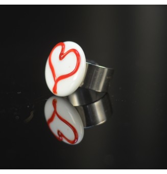 Bague réglable en Verre Filé au Chalumeau COEUR "blanc rouge"  - acier INOXYDABLE