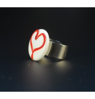 Bague réglable en Verre Filé au Chalumeau COEUR "blanc rouge"  - acier INOXYDABLE