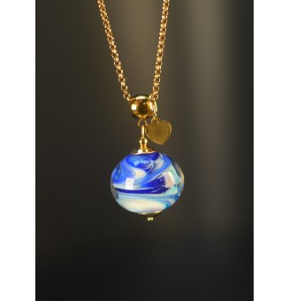 Collier long en verre filé bleu – Acier inoxydable doré – 75 cm