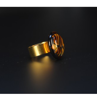 Bague cabochon léopard en verre filé – Acier inoxydable doré réglable