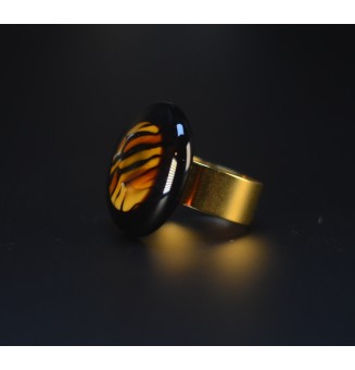 Bague cabochon léopard en verre filé – Acier inoxydable doré réglable