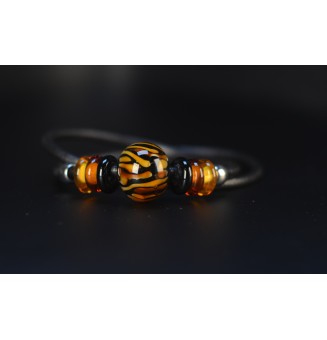 collier LEOPARD 47+3 cm avec perles de verre cuir noir - creation artisanale