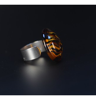 Bague cabochon léopard en verre filé – Acier inoxydable réglable