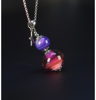 Collier long en perles de verre filé – Dégradé rose, violine et violet – 74 cm – Acier inoxydable