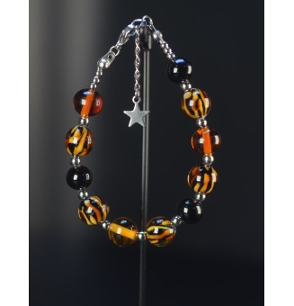 Bracelet artisanal en perles de verre – Motif Léopard, Noir & Ambre