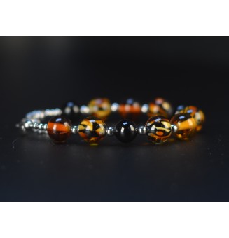 Bracelet artisanal en perles de verre – Motif Léopard, Noir & Ambre