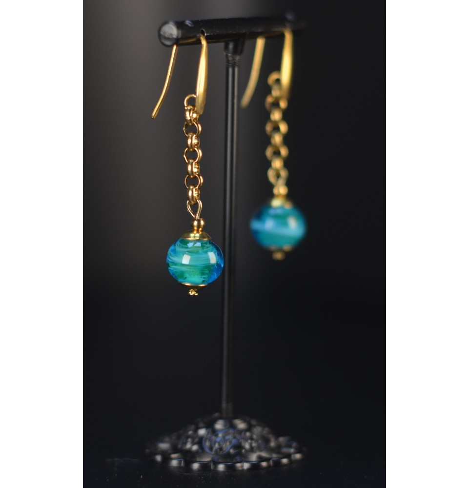 Boucles D'oreilles Pendantes Gouttelettes Bleu Roi - Verre Et Acier Inoxydable - Longues Et élégantes