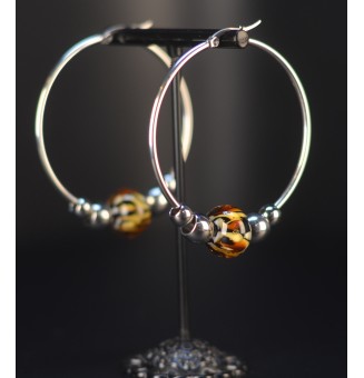 Créoles Léopard  5 cm – Perles de Verre Artisanales - acier inoxydable argenté