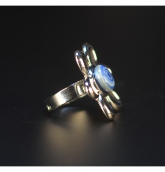 Bague fleur Acier inoxydable – Cabochon en verre bleu tye and die