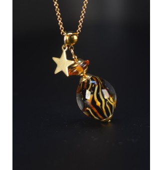 Collier long doré & perle de verre motif léopard – création artisanale