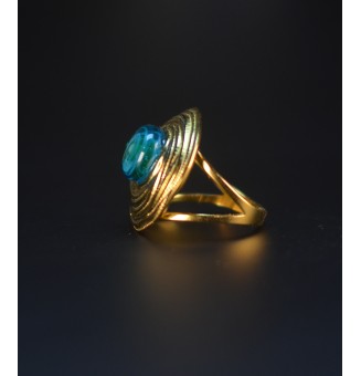 Bague en Verre Filé au Chalumeau "BLEU vert"  - acier INOXYDABLE doré