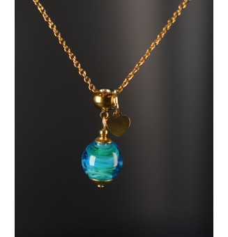 Collier artisanal BLEU VERT Liloo Créations - perles de verre filé - acier inoxydable doré