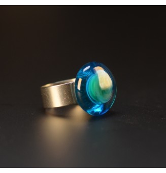 Bague cabochon bleu VERT en verre filé – Acier inoxydable doré réglable