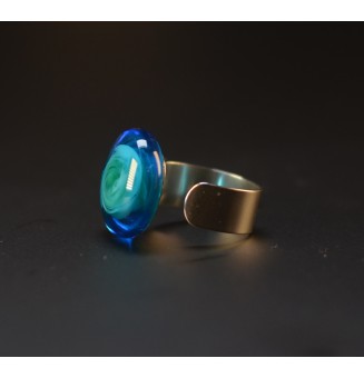 Bague cabochon bleu VERT en verre filé – Acier inoxydable doré réglable