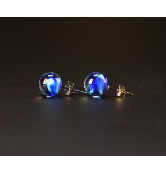 puces d'oreilles Gros diametre, 2 Bleus 9 mm Acier Inoxydable en verre