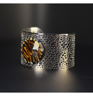 Bracelet Manchette Ajustable avec Cabochon LEOPARD – Pièce Unique en Verre Filé