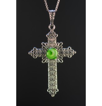 Collier Croix Lumineuse – Cabochon Verre Filé Vert rosetta – Acier Inoxydable & Plaquage Argent