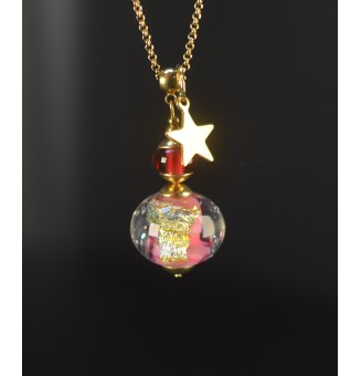 Collier long doré – Perle de verre rose et feuille d'or & breloque