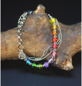 Bracelet Multi Rangs Argenté en Acier Inoxydable – Perles de Verre Filé Translucides Multicolores – Bijou Artisan Français