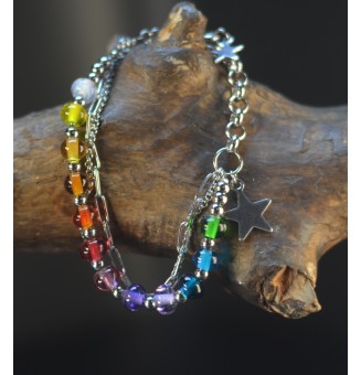 Bracelet Multi Rangs Argenté en Acier Inoxydable – Perles de Verre Filé Translucides Multicolores – Bijou Artisan Français