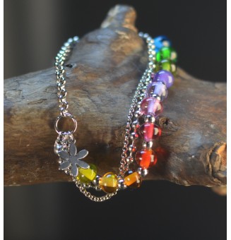 Bracelet Multi Rangs Argenté en Acier Inoxydable – Perles de Verre Filé Translucides Multicolores – Bijou Artisan Français