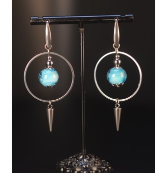 Boucles d’Oreilles Anneau Bleu Mer en Verre Filé – Acier Inoxydable – 7 cm