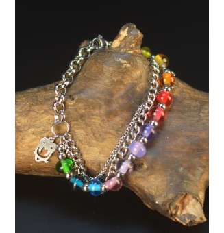 Bracelet Multi Rangs Argenté en Acier Inoxydable – Perles de Verre Filé Translucides Multicolores – Bijou Artisan Français