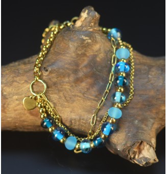 Bracelet Multirangs Doré & Perles de Verre Filé – Modèle Unique - divers bleus