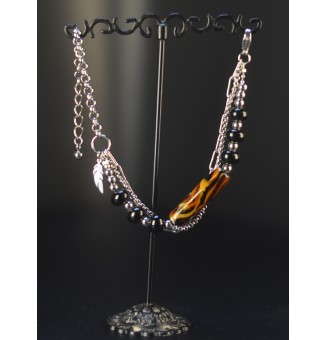 Bracelet Multi Rangs Argenté en Acier Inoxydable – Perles de Verre Filé LEOPARD noir – Bijou Artisan Français