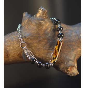 Bracelet Multi Rangs Argenté en Acier Inoxydable – Perles de Verre Filé LEOPARD noir – Bijou Artisan Français