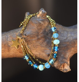 Bracelet Multirangs Doré & Perles de Verre Filé – Modèle Unique - divers bleus