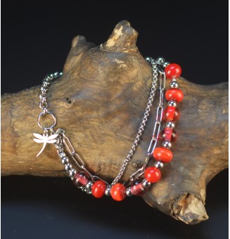 Bracelet Multi Rangs Argenté en Acier Inoxydable – Perles de Verre Filé ROUGE RUBIS – Bijou Artisan Français