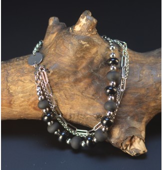 Bracelet Multi Rangs Argenté en Acier Inoxydable – Perles de Verre Filé NOIR Mate et opaque – Bijou Artisan Français