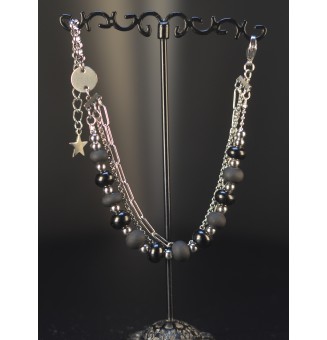 Bracelet Multi Rangs Argenté en Acier Inoxydable – Perles de Verre Filé NOIR Mate et opaque – Bijou Artisan Français