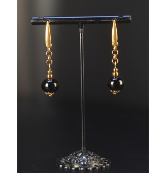 Boucles d’oreilles en perles verre filé – noir - acier inoxydable doré