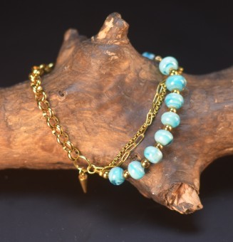 Bracelet Multirangs  & Perles de Verre Filé – Modèle Unique - bleu clair 2 tons