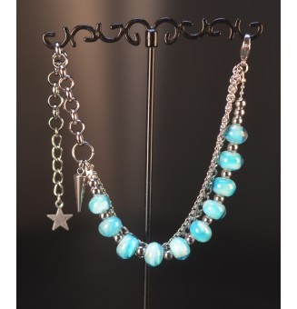 Bracelet Multirangs  & Perles de Verre Filé – Modèle Unique - bleu clair 2 tons