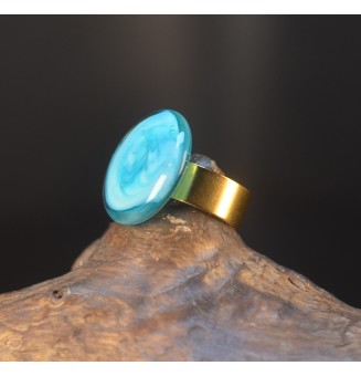 Bague cabochon bleu CLAIR 2 TONS en verre filé – Acier inoxydable doré réglable