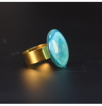 Bague cabochon bleu CLAIR 2 TONS en verre filé – Acier inoxydable doré réglable