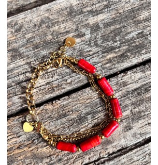 Bracelet multi-rangs doré – Perles de verre artisanales rouges