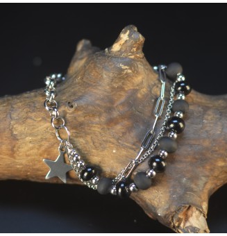 Bracelet Multi Rangs Argenté en Acier Inoxydable – Perles de Verre Filé NOIR Mate et opaque – Bijou Artisan Français
