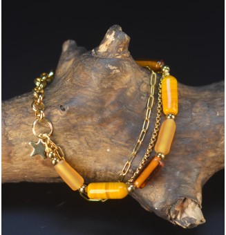 Bracelet multi-rangs moutarde et ambre en perles de verre filé – Acier inoxydable doré