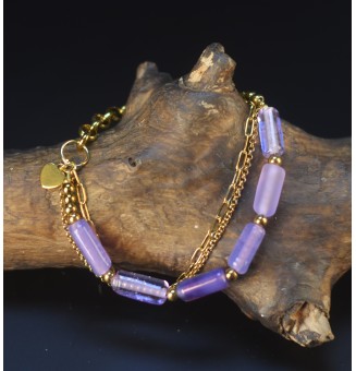 Bracelet multi-rangs violet en perles de verre filé – Acier inoxydable doré
