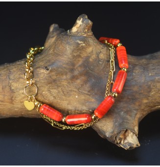 Bracelet multi-rangs doré – Perles de verre artisanales rouges